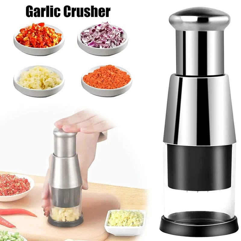 Black vegetable chopper with stainless steel blades and container for quick dicing and slicing of fruits and vegetables