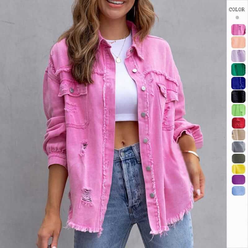 Ever Trend Haus Fashion Ripped Shirt Jacket Female Autumn And Spring Casual Tops Womens Clothing Products