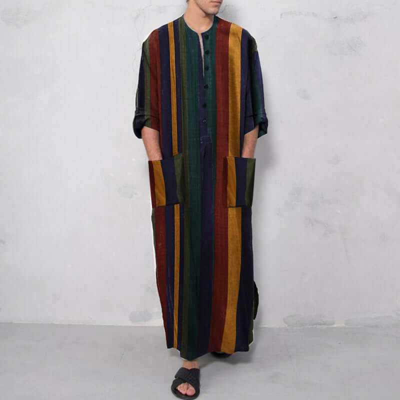Arab striped printed Muslim men's robe in red and yellow cotton retro style