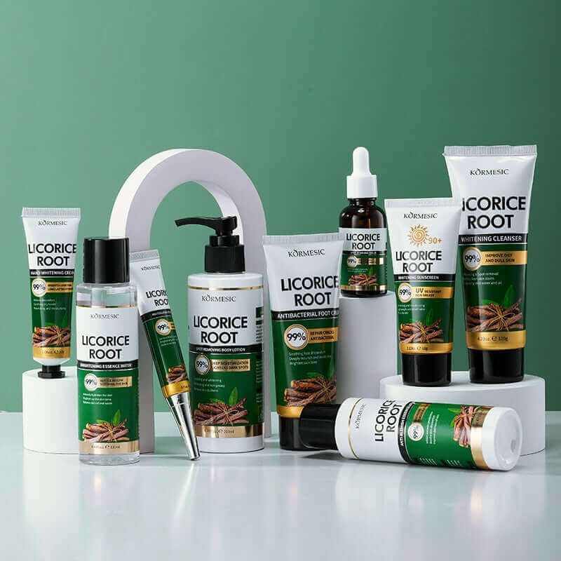 Skincare Licorice Root collection with cleanser, toner, and moisturizer for brightening and hydrating skin