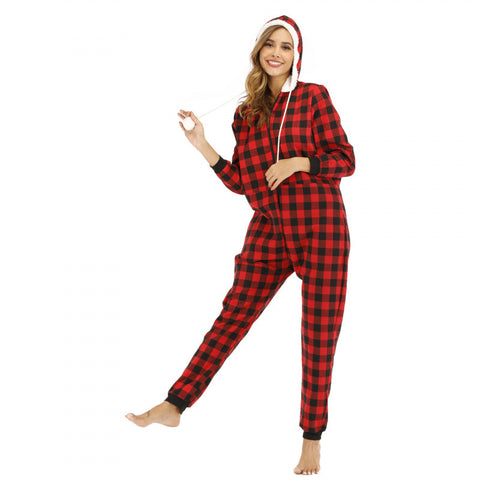 Women's Cotton Plaid Hooded Jumpsuit