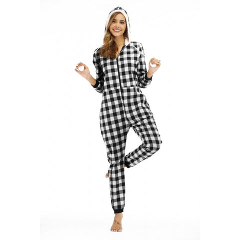 Women's Cotton Plaid Hooded Jumpsuit