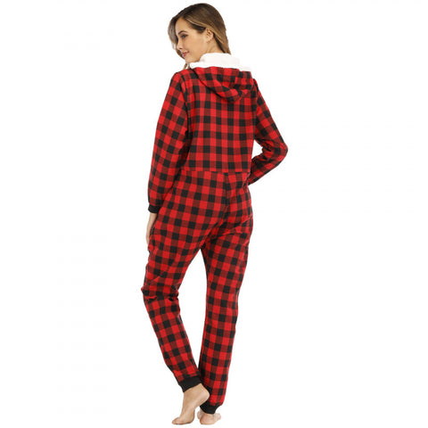 Women's Cotton Plaid Hooded Jumpsuit