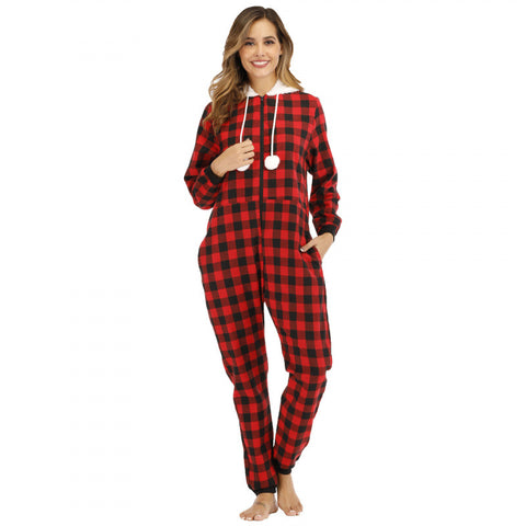 Women's Cotton Plaid Hooded Jumpsuit