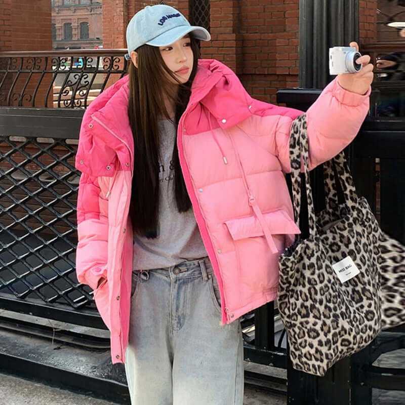 Women’s cotton jacket in pink, black, and gray, loose fit polyester fabric