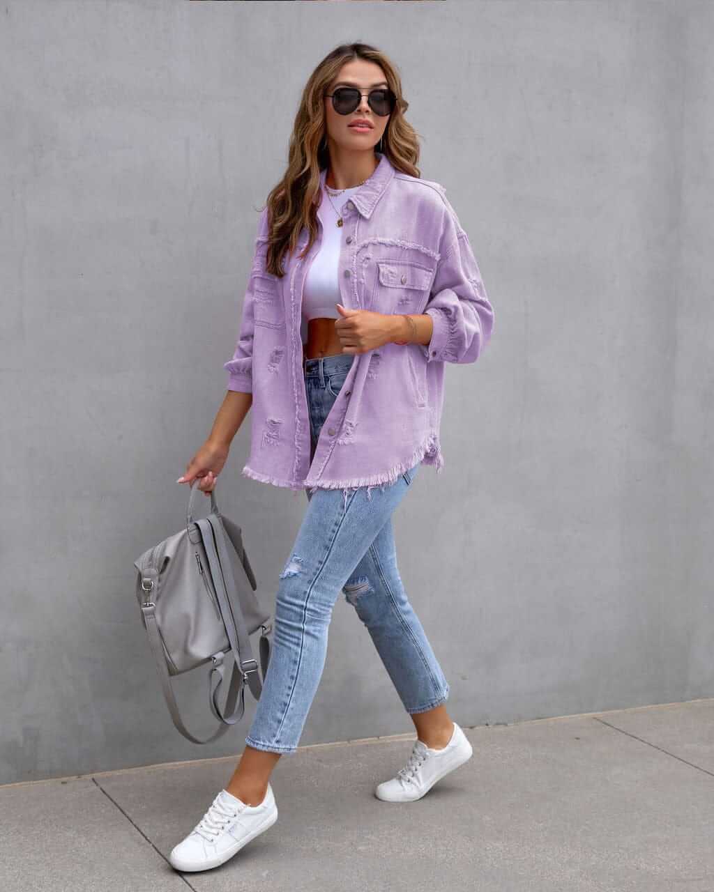 Ever Trend Haus Fashion Ripped Shirt Jacket Female Autumn And Spring Casual Tops Womens Clothing Products
