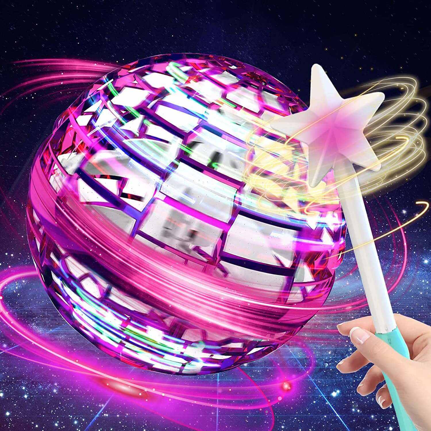 Colorful flying ball toy with LED lights and magic wand for kids' interactive play