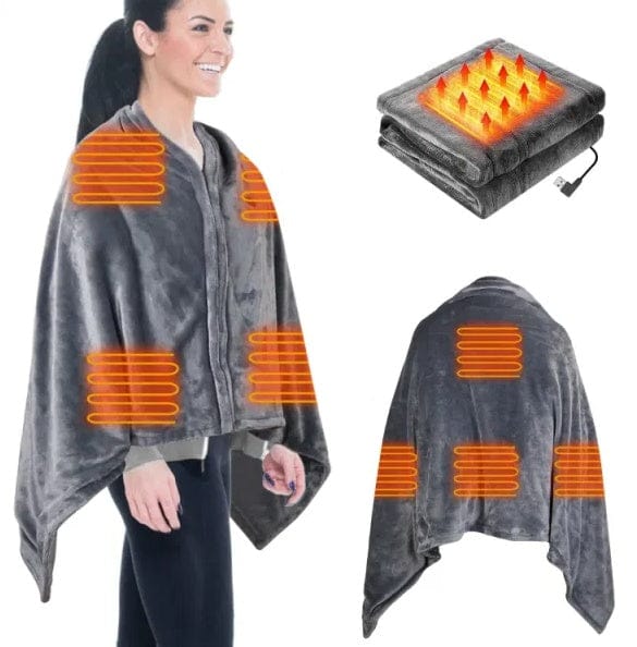 Grey USB-heated shawl blanket with soft fabric andusb heated shawl wrap